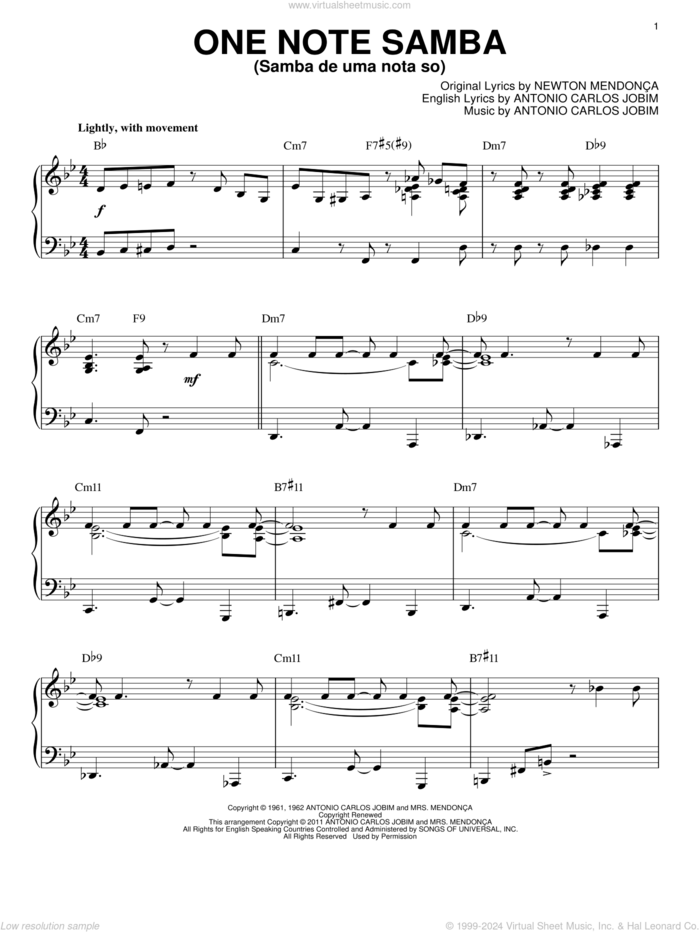 One Note Samba (Samba De Uma Nota So) [Jazz version] (arr. Brent Edstrom) sheet music for piano solo by Antonio Carlos Jobim, Pat Thomas and Newton Mendonca, intermediate skill level