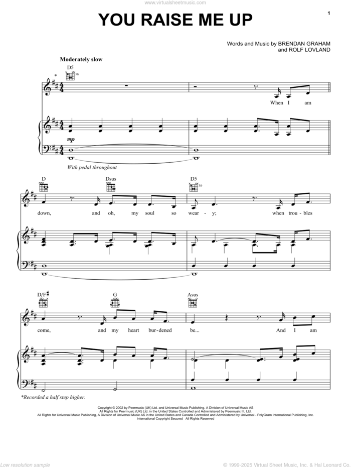 You Raise Me Up sheet music for voice, piano or guitar by Celtic Thunder, Josh Groban, Brendan Graham, Rolf LAuvland and Rolf Lovland, wedding score, intermediate skill level