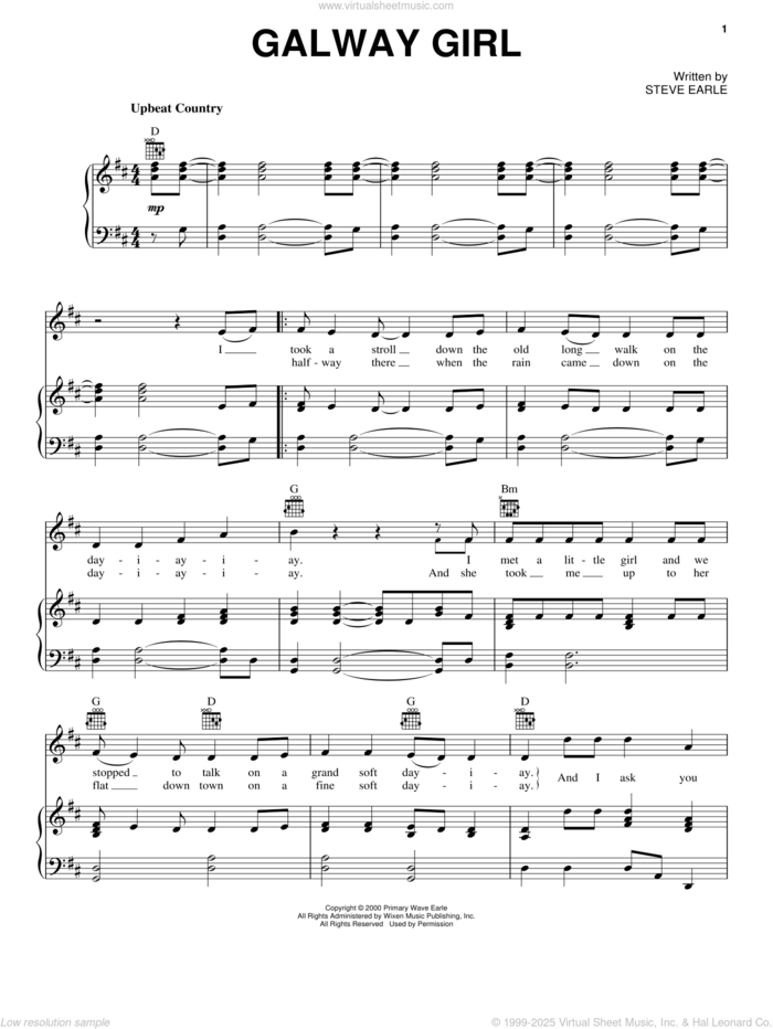 Galway Girl sheet music for voice, piano or guitar by Celtic Thunder and Steve Earle, intermediate skill level