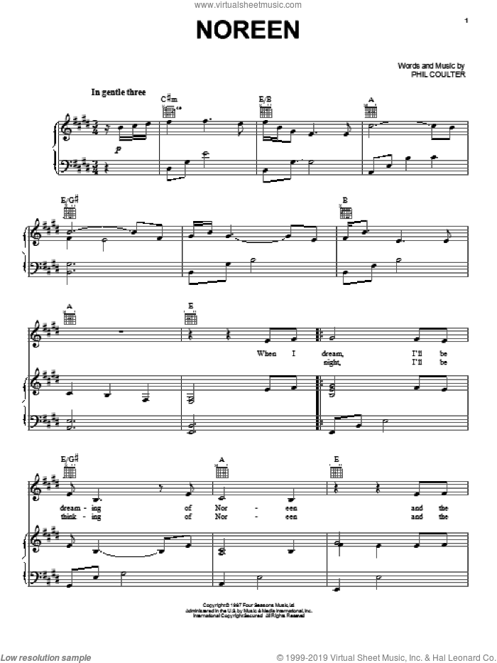 Noreen sheet music for voice, piano or guitar by Celtic Thunder and Phil Coulter, intermediate skill level