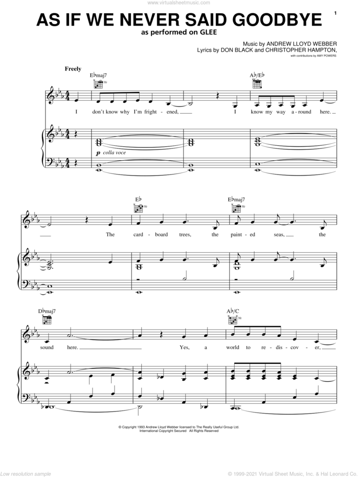 As If We Never Said Goodbye sheet music for voice, piano or guitar by Glee Cast, Sunset Boulevard (Musical), Andrew Lloyd Webber, Christopher Hampton, Don Black and Miscellaneous, intermediate skill level