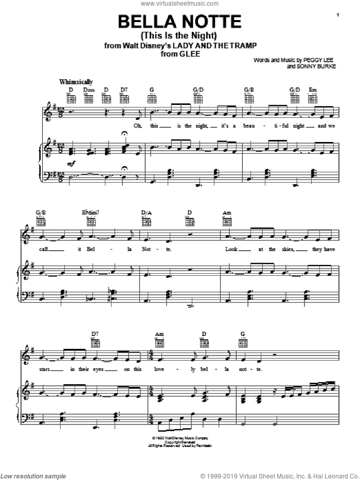 Bella Notte (This Is The Night) (from Lady And The Tramp) sheet music for voice, piano or guitar by Glee Cast, Miscellaneous, Peggy Lee and Sonny Burke, intermediate skill level