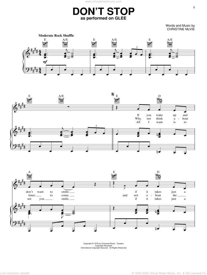 Don't Stop sheet music for voice, piano or guitar by Glee Cast, Fleetwood Mac, Christine McVie and Miscellaneous, intermediate skill level