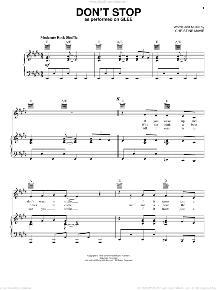 Don't Stop sheet music for voice, piano or guitar by Glee Cast, Fleetwood Mac, Christine McVie and Miscellaneous, intermediate skill level