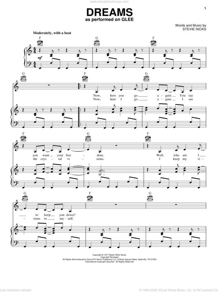 Dreams sheet music for voice, piano or guitar by Glee Cast, Fleetwood Mac, Kristin Chenoweth, Miscellaneous and Stevie Nicks, intermediate skill level