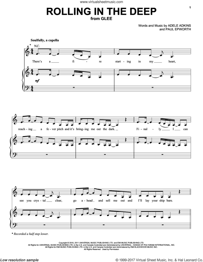 Rolling In The Deep sheet music for voice, piano or guitar by Glee Cast, Adele, Jonathan Groff, Adele Adkins, Miscellaneous and Paul Epworth, intermediate skill level