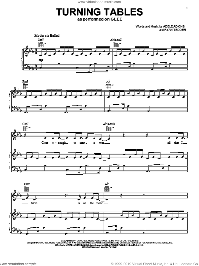 Turning Tables sheet music for voice, piano or guitar by Glee Cast, Adele, Gwyneth Paltrow, Adele Adkins, Miscellaneous and Ryan Tedder, intermediate skill level