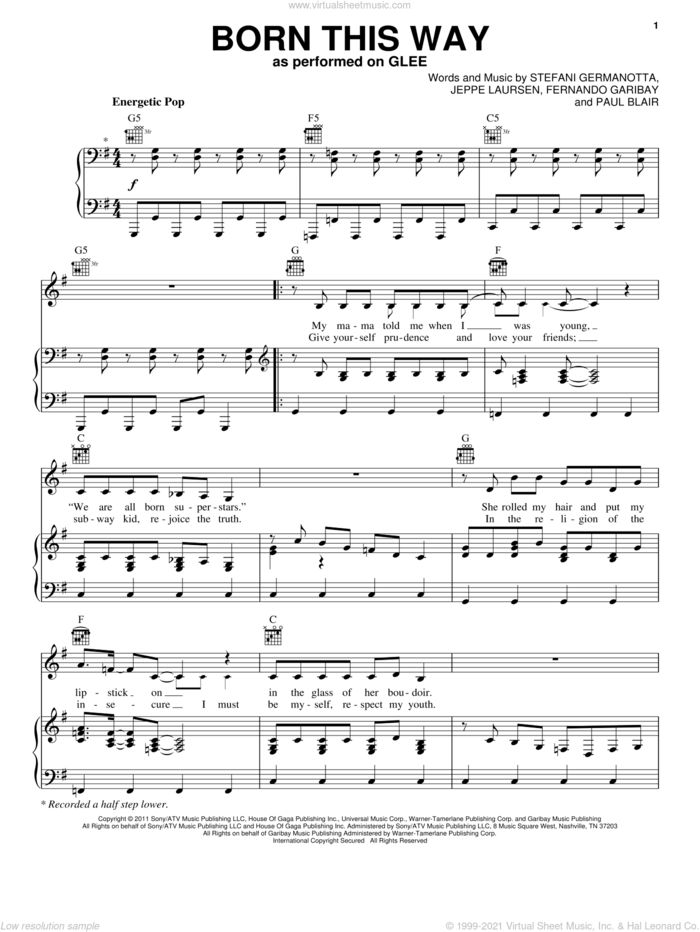 Born This Way sheet music for voice, piano or guitar by Glee Cast, Fernando Garibay, Jeppe Laursen, Lady Gaga, Miscellaneous and Paul Blair, intermediate skill level