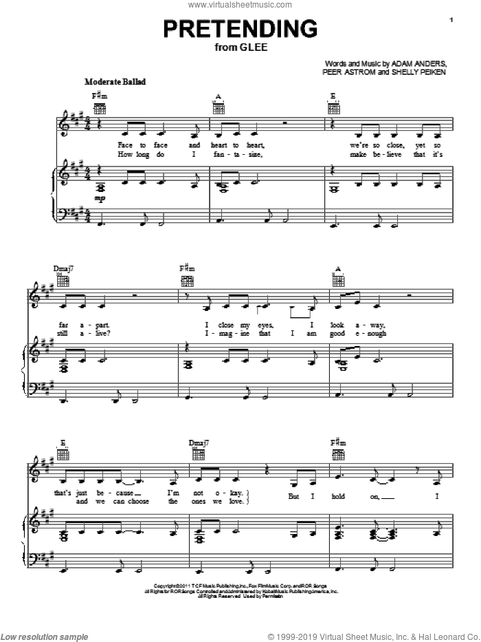 Pretending sheet music for voice, piano or guitar by Glee Cast, Adam Anders, Miscellaneous, Peer Astrom and Shelly Peiken, intermediate skill level