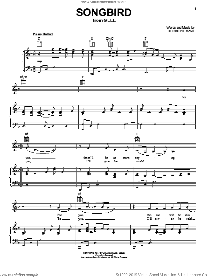 Songbird sheet music for voice, piano or guitar by Glee Cast, Fleetwood Mac, Christine McVie and Miscellaneous, intermediate skill level