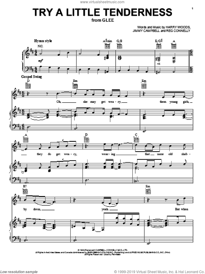 Try A Little Tenderness sheet music for voice, piano or guitar by Glee Cast, Otis Redding, Harry Woods, Jimmy Campbell, Miscellaneous and Reg Connelly, intermediate skill level