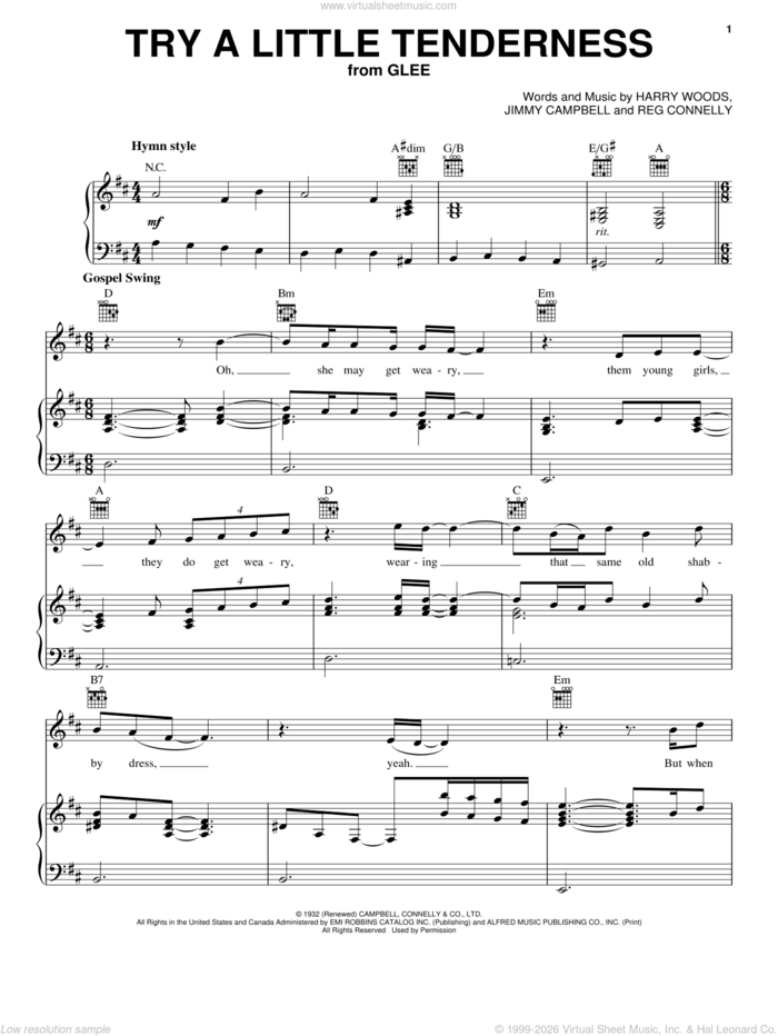 Try A Little Tenderness sheet music for voice, piano or guitar by Glee Cast, Otis Redding, Harry Woods, Jimmy Campbell, Miscellaneous and Reg Connelly, intermediate skill level