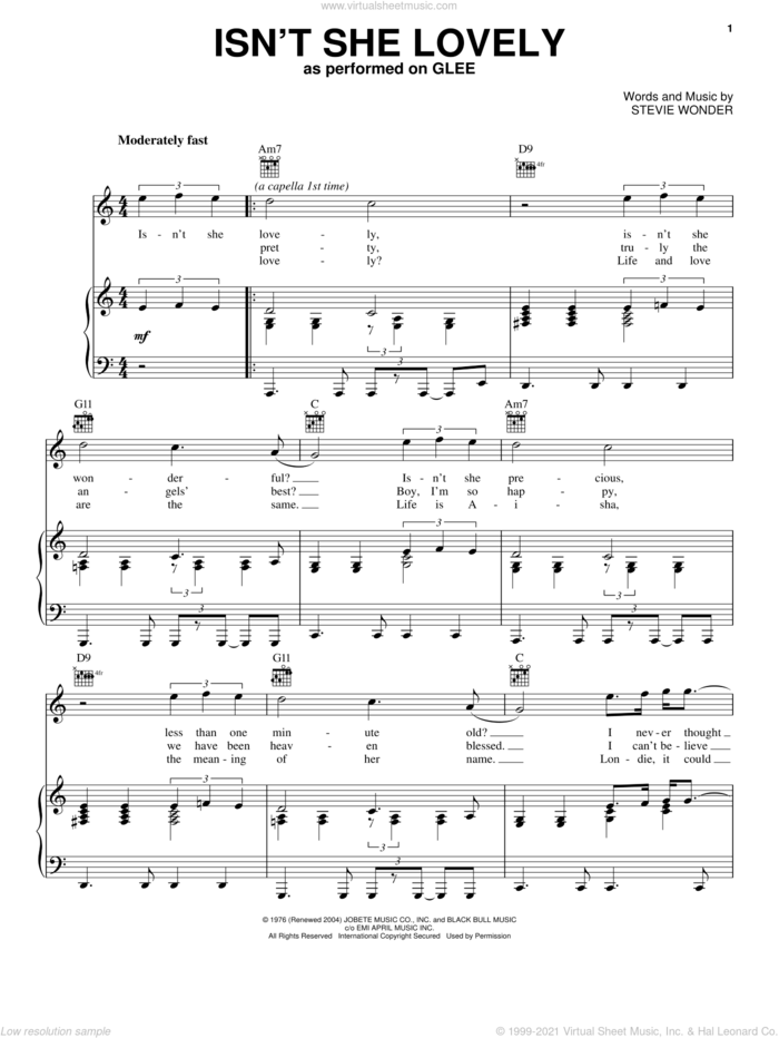 Isn't She Lovely sheet music for voice, piano or guitar by Glee Cast, Miscellaneous and Stevie Wonder, intermediate skill level