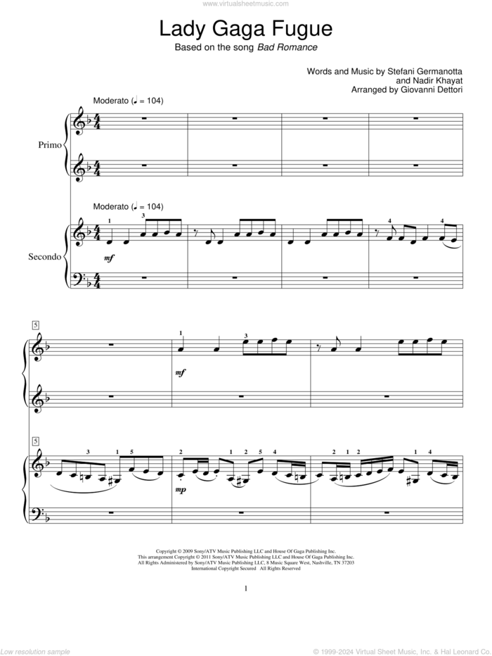 Lady Gaga Fugue sheet music for piano four hands by Giovanni Dettori, Lady Gaga and Nadir Khayat, intermediate skill level