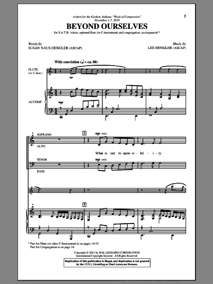 Beyond Ourselves sheet music for choir (SATB: soprano, alto, tenor, bass) by Lee Dengler and Susan Naus Dengler, intermediate skill level