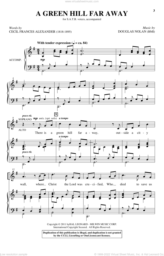 A Green Hill Far Away sheet music for choir (SATB: soprano, alto, tenor, bass) by Cecil Alexander and Douglas Nolan, intermediate skill level