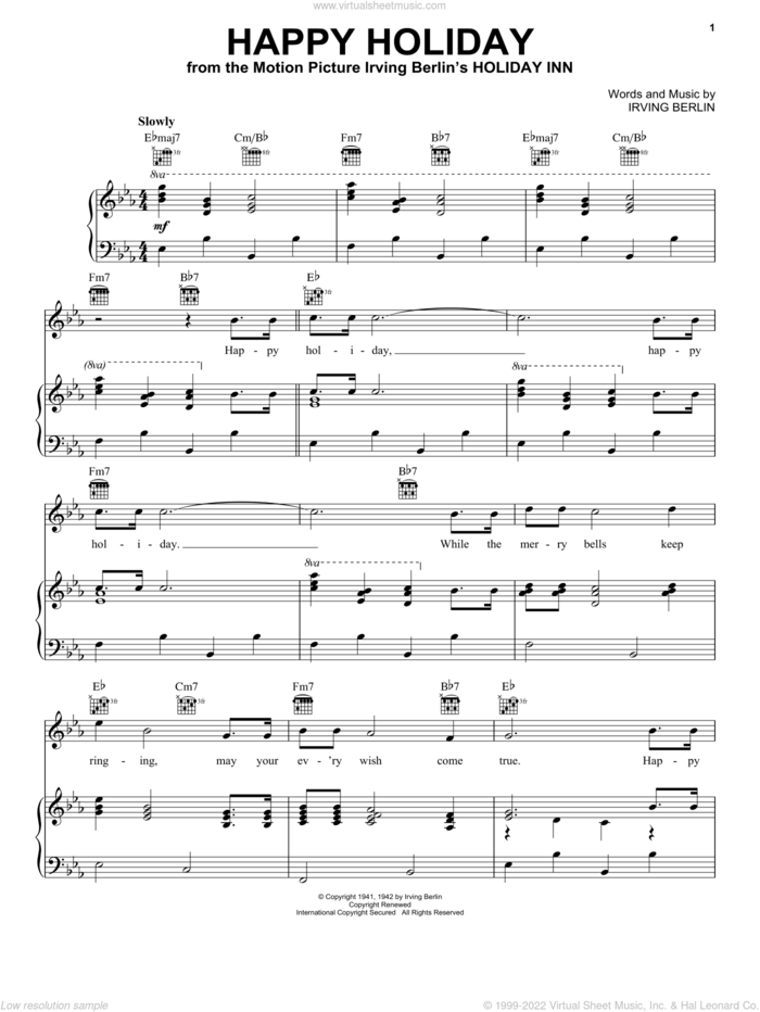 Happy Holiday sheet music for voice, piano or guitar by Irving Berlin, Andy Williams, Bing Crosby and Peggy Lee, intermediate skill level