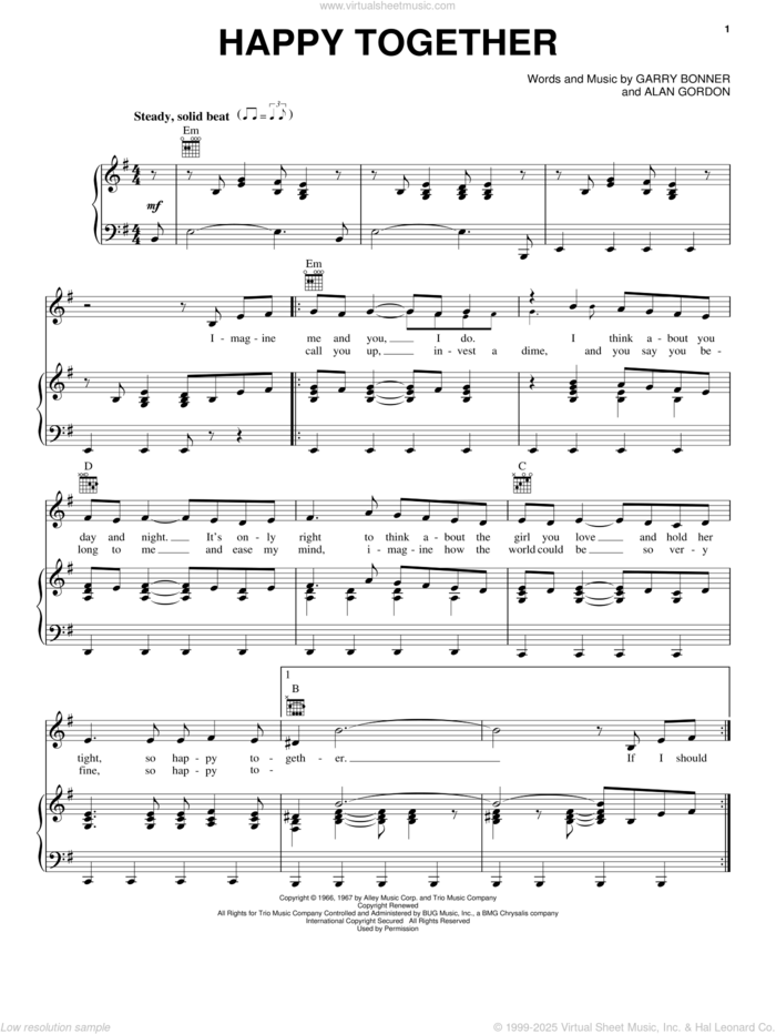 Happy Together sheet music for voice, piano or guitar by The Turtles, Alan Gordon and Garry Bonner, intermediate skill level