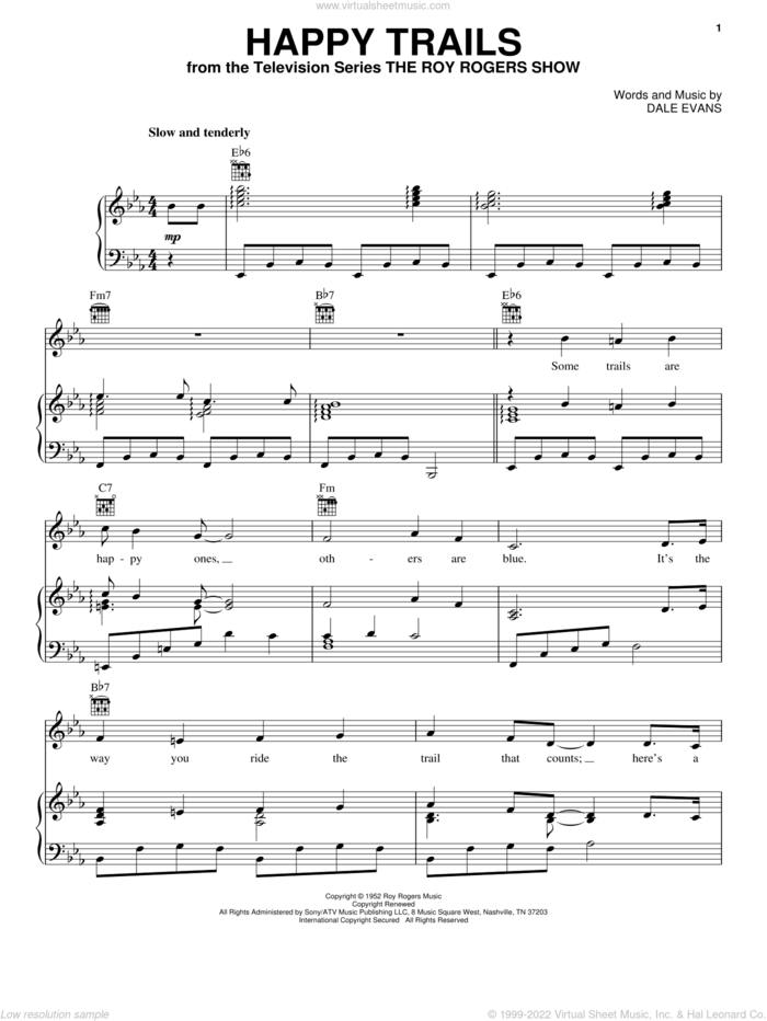 Happy Trails sheet music for voice, piano or guitar by Roy Rogers and Dale Evans, intermediate skill level