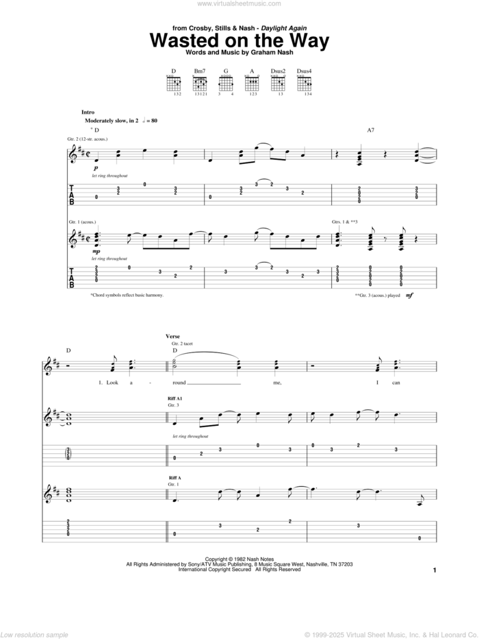 Wasted On The Way sheet music for guitar (tablature) by Crosby, Stills & Nash and Graham Nash, intermediate skill level