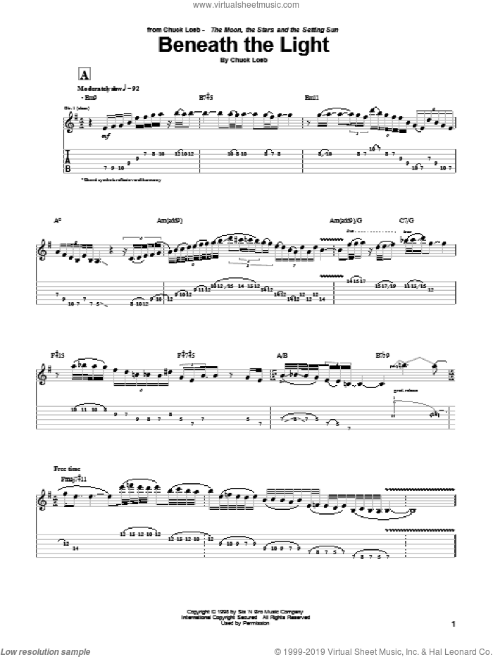 Beneath The Light sheet music for guitar (tablature) by Chuck Loeb, intermediate skill level