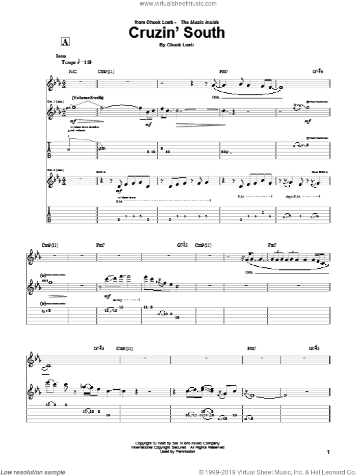 Cruzin' South sheet music for guitar (tablature) by Chuck Loeb, intermediate skill level