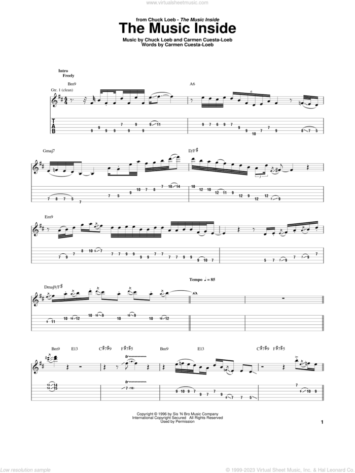 The Music Inside sheet music for guitar (tablature) by Chuck Loeb and Carmen Cuesta-Loeb, intermediate skill level