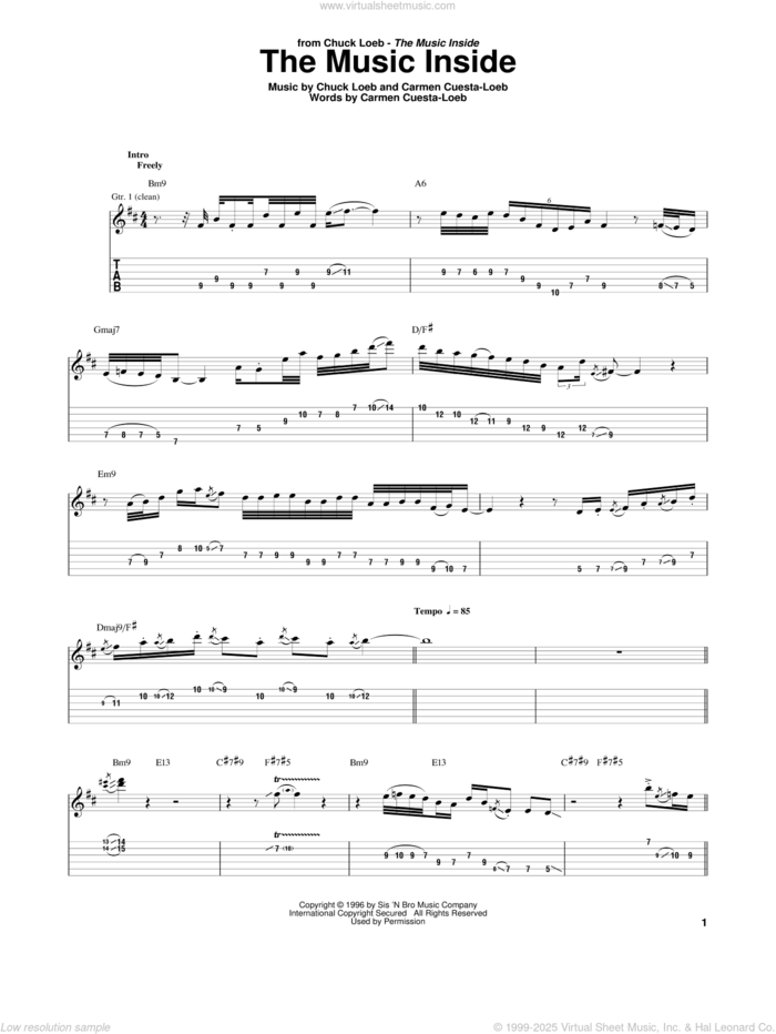 The Music Inside sheet music for guitar (tablature) by Chuck Loeb and Carmen Cuesta-Loeb, intermediate skill level