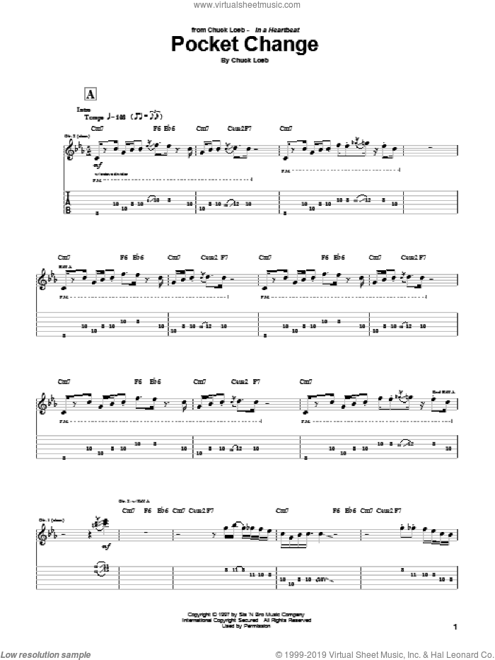 Pocket Change sheet music for guitar (tablature) by Chuck Loeb, intermediate skill level