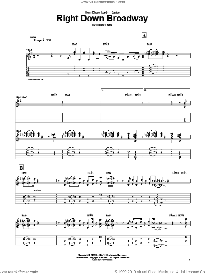 Right Down Broadway sheet music for guitar (tablature) by Chuck Loeb, intermediate skill level