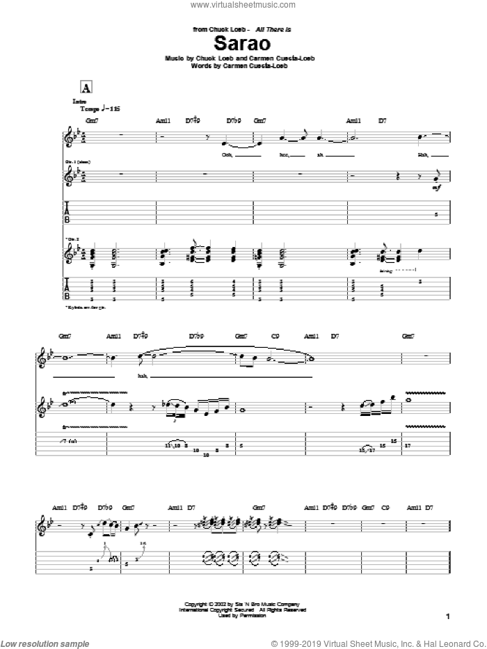 Sarao sheet music for guitar (tablature) by Chuck Loeb and Carmen Cuesta-Loeb, intermediate skill level