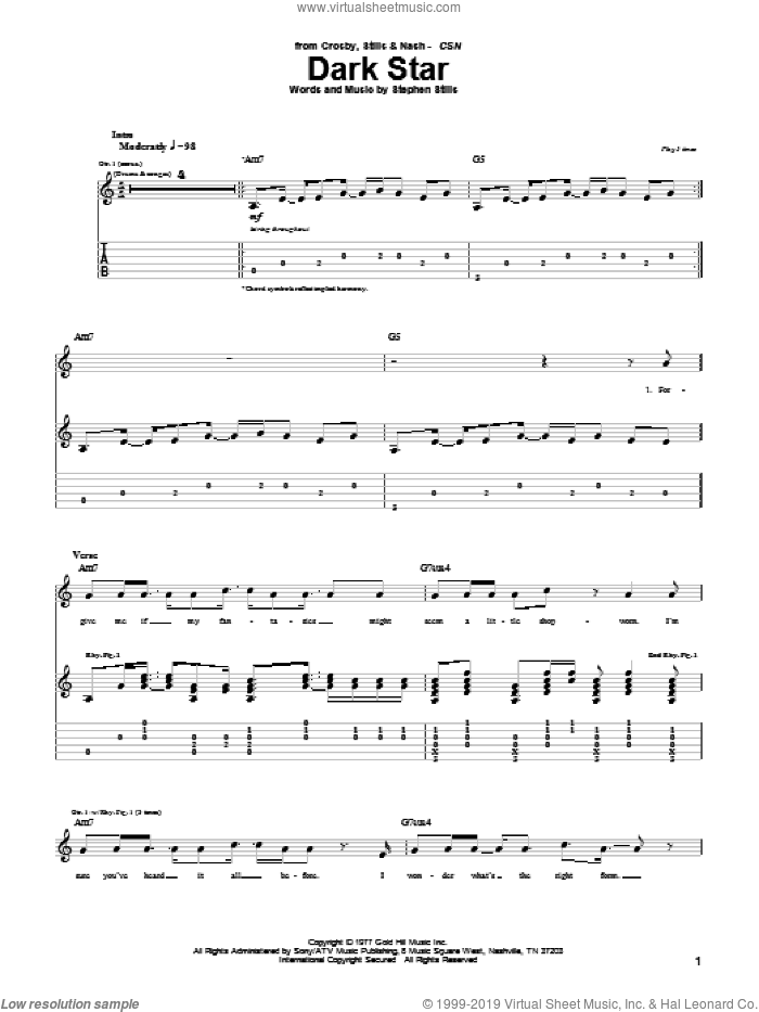 Dark Star sheet music for guitar (tablature) by Crosby, Stills & Nash and Stephen Stills, intermediate skill level