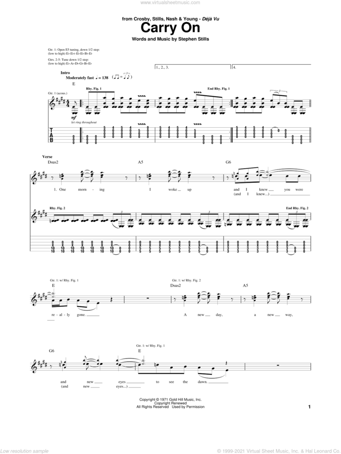Carry On sheet music for guitar (tablature) by Crosby, Stills & Nash and Stephen Stills, intermediate skill level