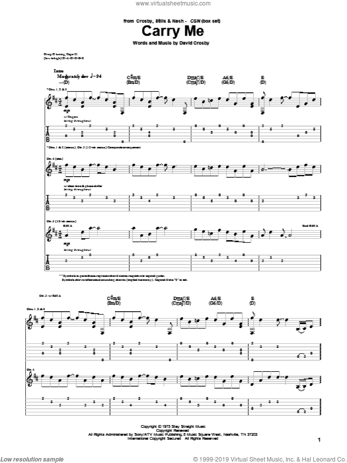 Carry Me sheet music for guitar (tablature) by Crosby, Stills & Nash and David Crosby, intermediate skill level