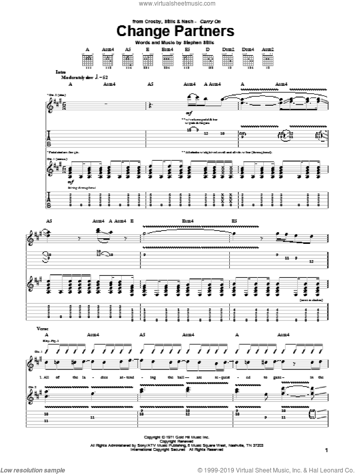 Change Partners sheet music for guitar (tablature) by Crosby, Stills & Nash and Stephen Stills, intermediate skill level