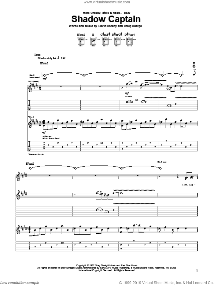 Shadow Captain sheet music for guitar (tablature) by Crosby, Stills & Nash, Craig Doerge and David Crosby, intermediate skill level