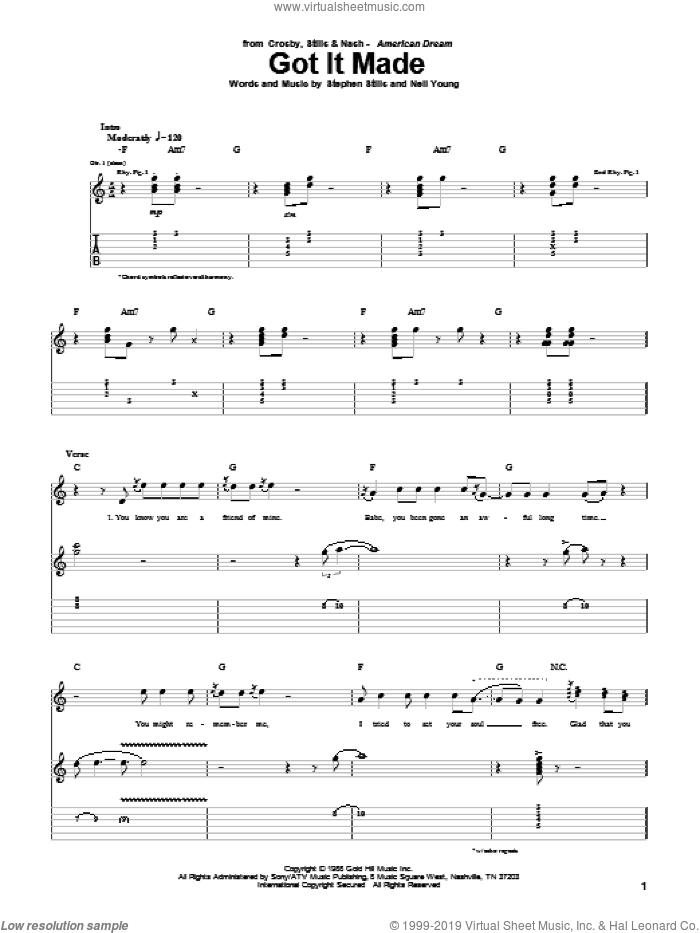 Got It Made sheet music for guitar (tablature) by Crosby, Stills & Nash, Neil Young and Stephen Stills, intermediate skill level
