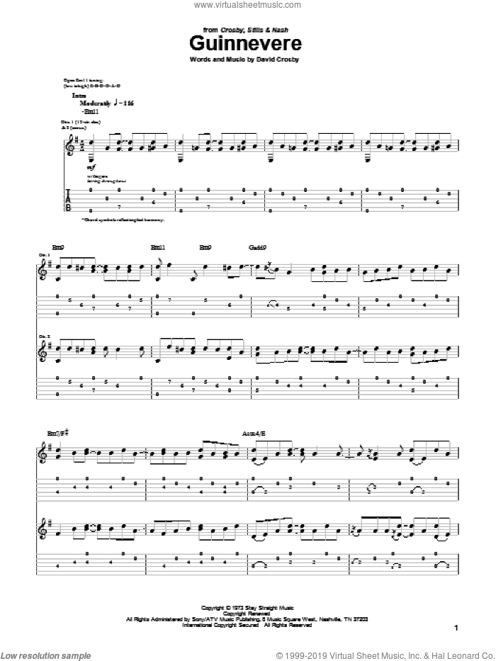 Guinnevere sheet music for guitar (tablature) by Crosby, Stills & Nash and David Crosby, intermediate skill level