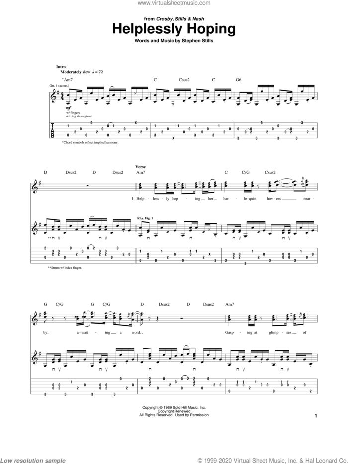 Helplessly Hoping sheet music for guitar (tablature) by Crosby, Stills & Nash and Stephen Stills, intermediate skill level