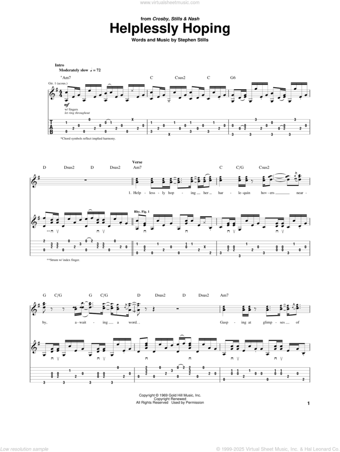 Helplessly Hoping sheet music for guitar (tablature) by Crosby, Stills & Nash and Stephen Stills, intermediate skill level