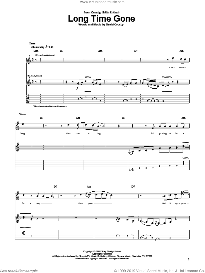 Long Time Gone sheet music for guitar (tablature) by Crosby, Stills & Nash and David Crosby, intermediate skill level