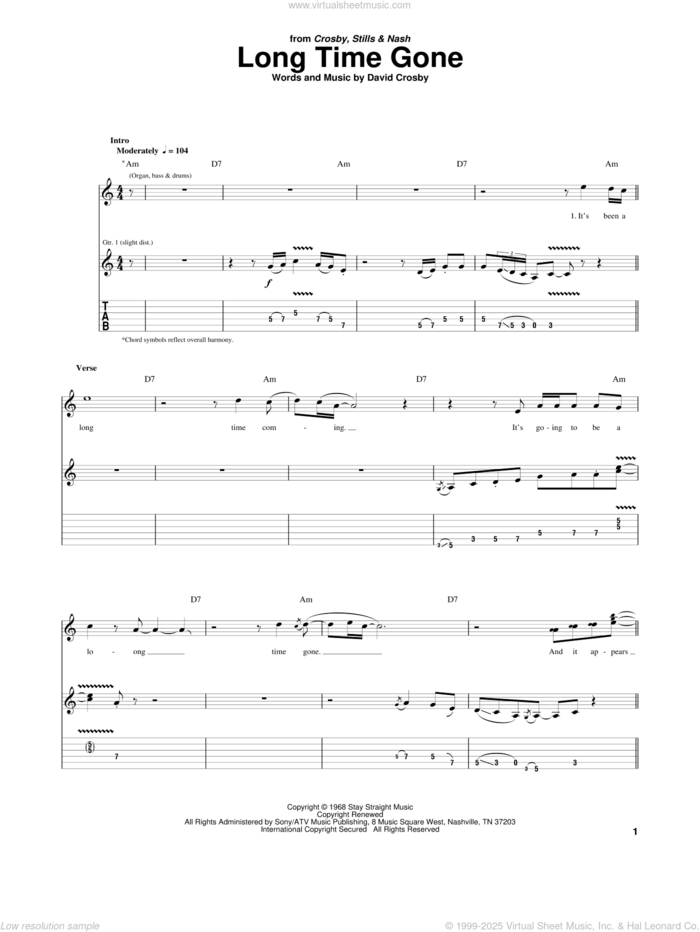 Long Time Gone sheet music for guitar (tablature) by Crosby, Stills & Nash and David Crosby, intermediate skill level