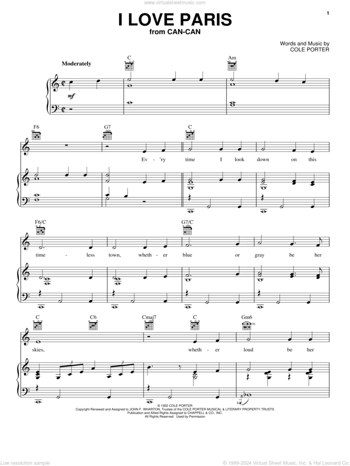 I Love Paris sheet music for voice, piano or guitar by Cole Porter, intermediate skill level