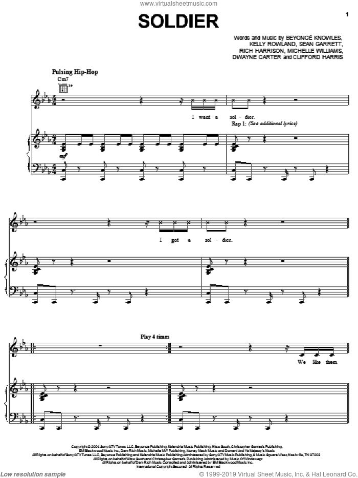Soldier sheet music for voice, piano or guitar by Destiny's Child, Beyonce, Clifford Harris, Dwayne Carter, Kelly Rowland, Michelle Williams, Rich Harrison and Sean Garrett, intermediate skill level