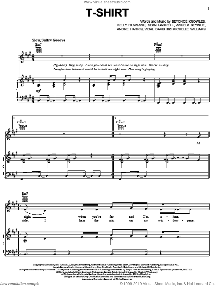 T-Shirt sheet music for voice, piano or guitar by Destiny's Child, Andre Harris, Angela Beyince, Beyonce, Kelly Rowland, Michelle Williams, Sean Garrett and Vidal Davis, intermediate skill level