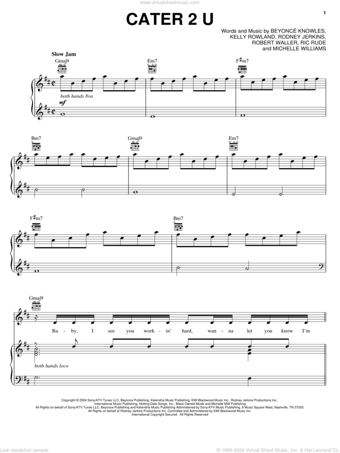 Cater 2 U sheet music for voice, piano or guitar by Destiny's Child, Beyonce, Kelly Rowland, Michelle Williams, Ric Rude, Robert Waller and Rodney Jerkins, intermediate skill level
