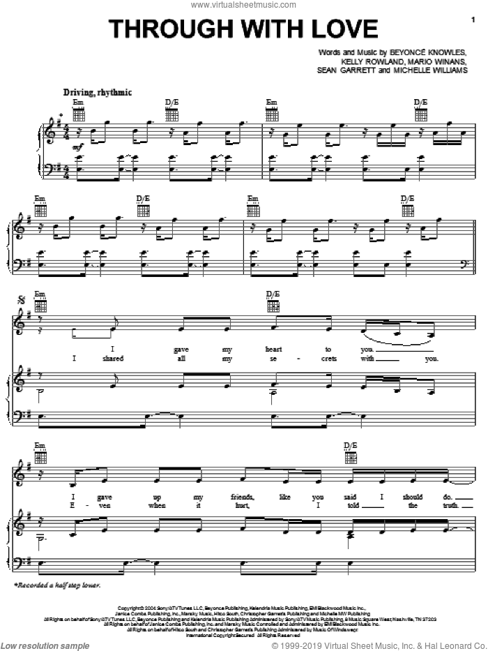 Through With Love sheet music for voice, piano or guitar by Destiny's Child, Beyonce, Kelly Rowland, Mario Winans, Michelle Williams and Sean Garrett, intermediate skill level
