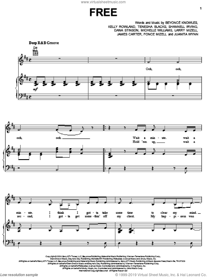 Free sheet music for voice, piano or guitar by Destiny's Child, Beyonce, Dana Stinson, Fonce Mizell, James Carter, Juanita Wynn, Kelly Rowland, Larry Mizell, Michelle Williams, Shannell Irving and Tenesha Blacks, intermediate skill level
