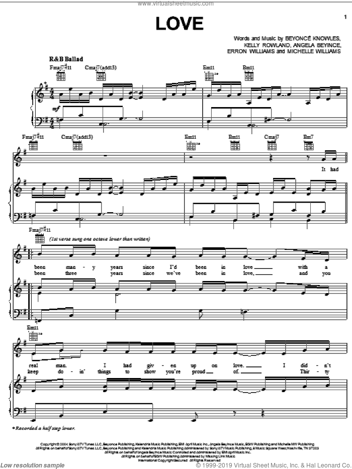 Love sheet music for voice, piano or guitar by Destiny's Child, Angela Beyince, Beyonce, Erron Williams, Kelly Rowland and Michelle Williams, intermediate skill level