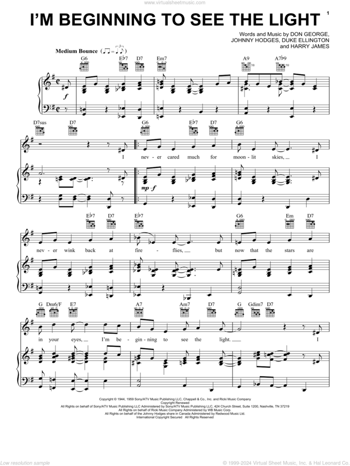 I'm Beginning To See The Light sheet music for voice, piano or guitar by Duke Ellington, Don George and Harry James, intermediate skill level